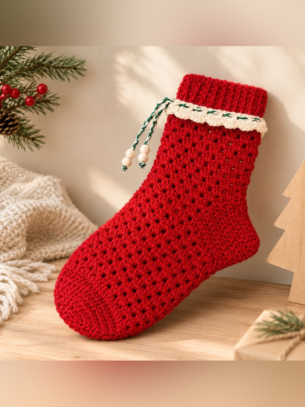 Handmade Crochet Christmas Stocking Decor Farmhouse/ Cottage House / Gift -new